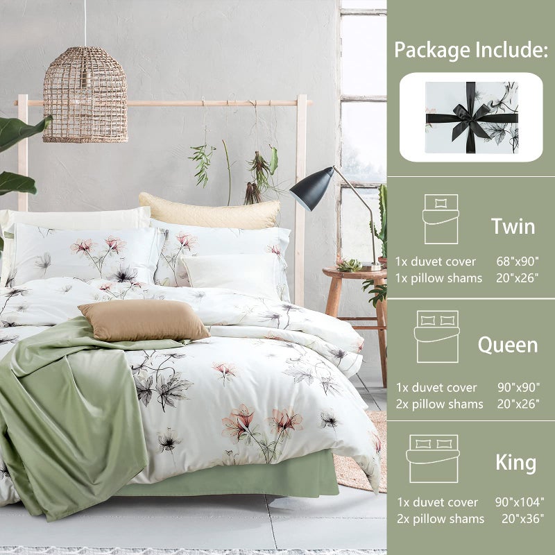 MILDLY 100% Long-Staple Cotton Duvet Cover Set White Green Floral Leaves Pattern Printed Comforter Cover 3pcs, Ultra Soft & Breathable Bedding Set - Image 2